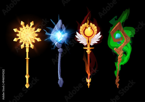 Magic game staff with effects set.