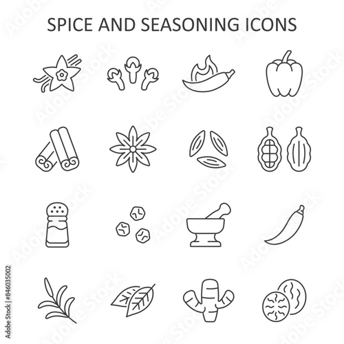 Spice and seasoning line icon set. Vector collection condiment with vanilla, clove, hot pepper, cinnamon, anise star, salt shaker, ginger and nutmeg.