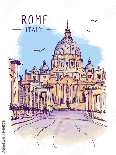 Architecture sketch illustration. An urban colorful landscape of Rome, Italy. Liner sketches architecture of Rome. Freehand digital drawing. Hand drawn travel postcard, banner, poster. Vector
