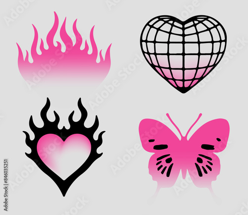 Set of tattoos with images of hearts, flames and butterfly with pink gradient in gothic Y2K emocore style.