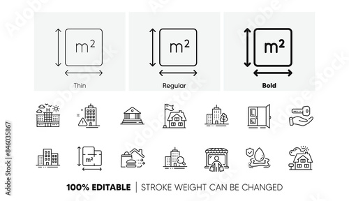 Realtor, Buying house and Food delivery line icons. Pack of Inspect, Flood insurance, Court building icon. Open door, Floor plan, Square area pictogram. Building, Skyscraper buildings. Vector