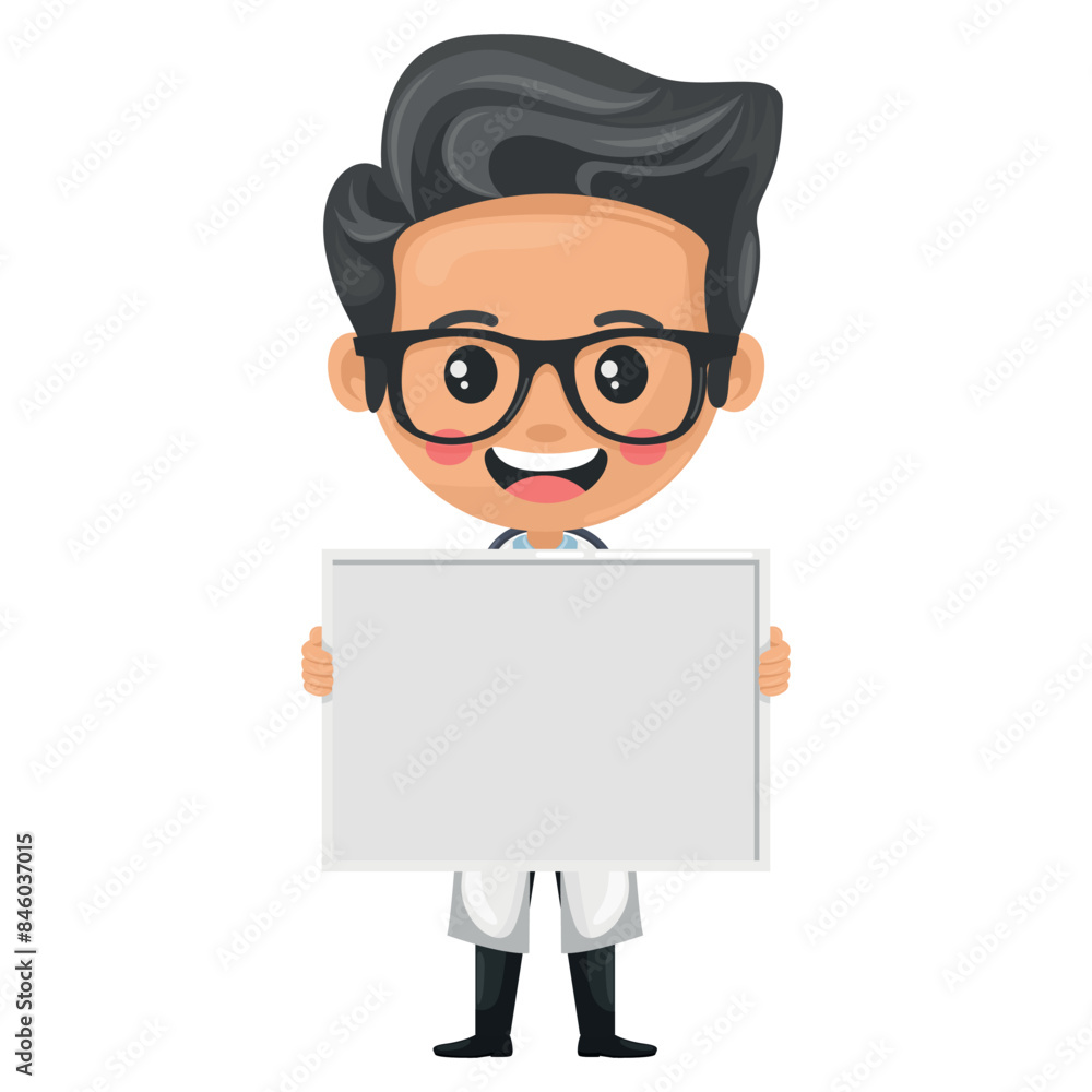 Cartoon of a doctor holding a whiteboard with space for text, advertising, presentations and brochures. Healthcare and medicine concept. Research, science and technology in the field of health Cartoon of a doctor holding a whiteboard with space for text, advertising, presentations and brochures. Healthcare and medicine concept. Research, science and technology in the field of health