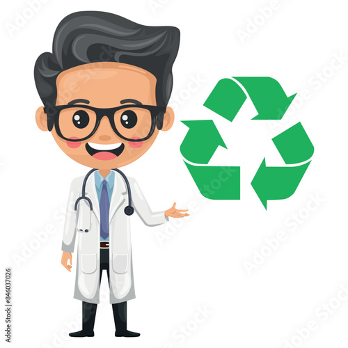 Cartoon of doctor with recycling symbol. Concept of sustainability and environmental awareness in medical practice. Eco-friendly practices, waste reduction and a healthy environment for both patients