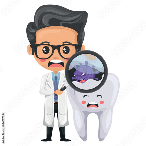 Doctor with a magnifying glass observing a dental infection caused by bacteria. Prevention, diagnosis and treatment of tooth and gum diseases. Dental hygiene and oral care. Prevention of tooth decay