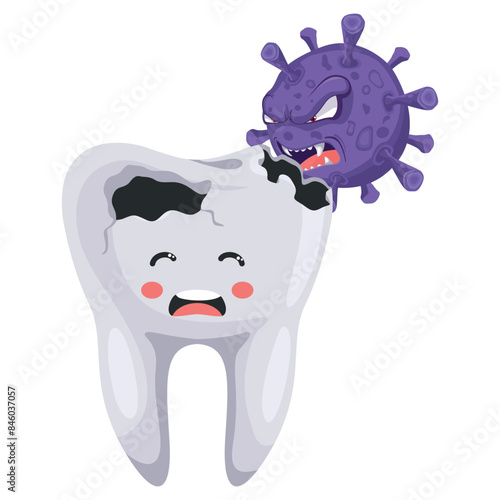 Decayed tooth cartoon with infection being attacked by a Streptococcus bacteria. Prevention, diagnosis and treatment of tooth and gum diseases. Dental hygiene and oral care. Prevention of tooth decay