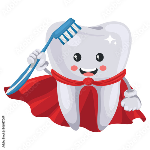 Cartoon character of a superhero tooth with a red cape holding a toothbrush. Prevention, diagnosis and treatment of tooth and gum diseases. Dental hygiene and oral care. Tooth decay prevention