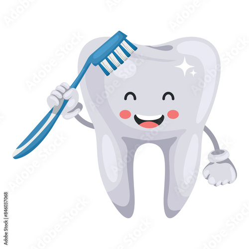 Cartoon of a tooth brushing with a toothbrush. Prevention, diagnosis and treatment of tooth and gum diseases. Dental hygiene and oral care. Tooth decay prevention. Health and medicine concept