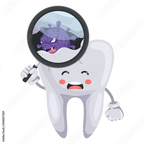 Decayed tooth cartoon with infection being attacked by a Streptococcus bacteria. Prevention, diagnosis and treatment of tooth and gum diseases. Dental hygiene and oral care. Prevention of tooth decay