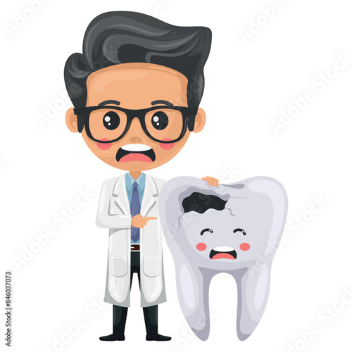 Dentist doctor cartoon with sad, rotten tooth. Prevention, diagnosis and treatment of tooth and gum diseases. Dental hygiene and oral care. Prevention of tooth decay. Health and medicine concept