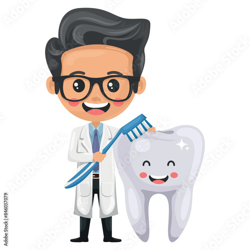Doctor cartoon brushing a tooth with a toothbrush. Prevention, diagnosis and treatment of tooth and gum diseases. Dental hygiene and oral care. Tooth decay prevention. Health and medicine concept