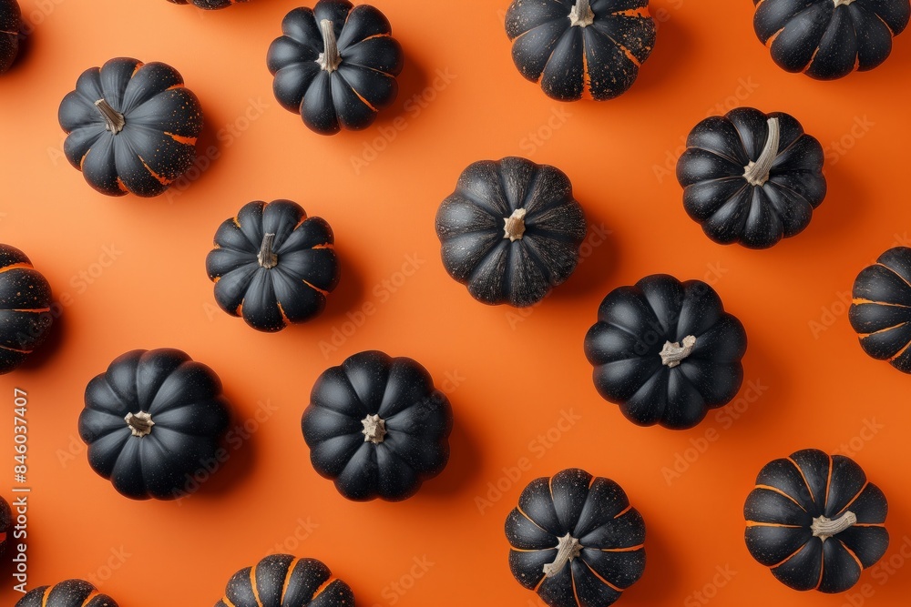 An arrangement of black pumpkins on an orange background, creating a bold and striking Halloween decor. Perfect for festive and modern themes. Flat Lay. Top View An arrangement of black pumpkins on an orange background, creating a bold and striking Halloween decor. Perfect for festive and modern themes. Flat Lay. Top View
