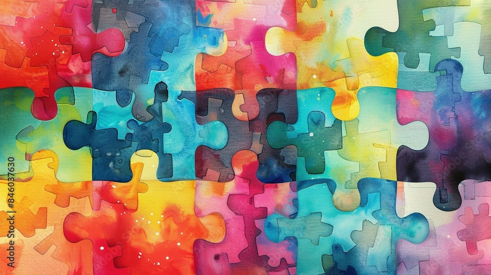 Diverse and Connected: Watercolor Puzzle Pieces in an Abstract Design Diverse and Connected: Watercolor Puzzle Pieces in an Abstract Design