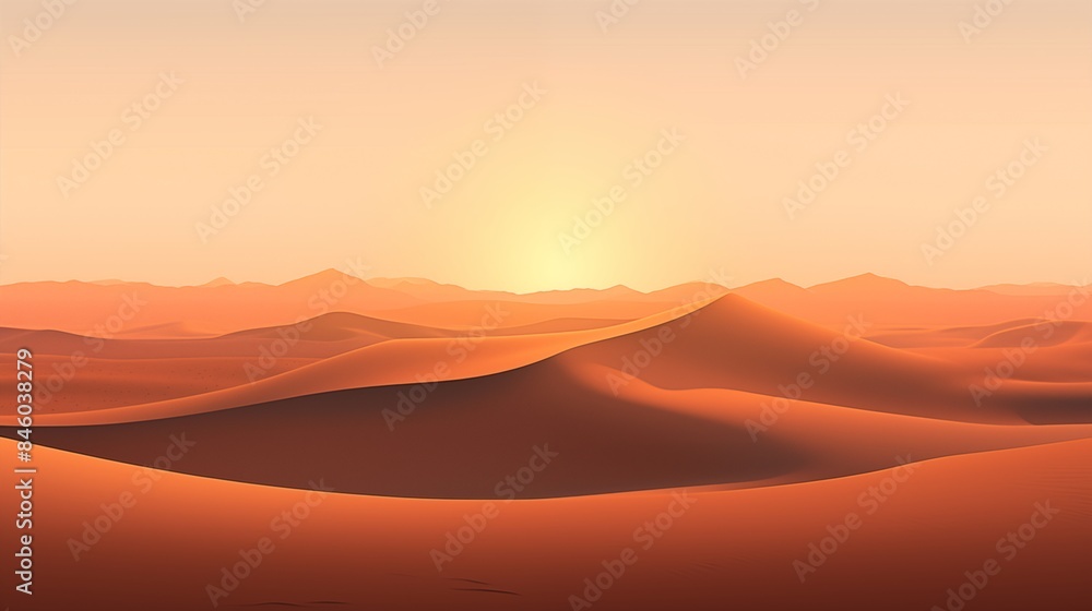 Naklejka premium A Serene Sunrise Over Expansive Sand Dunes in a Vast Desert Landscape