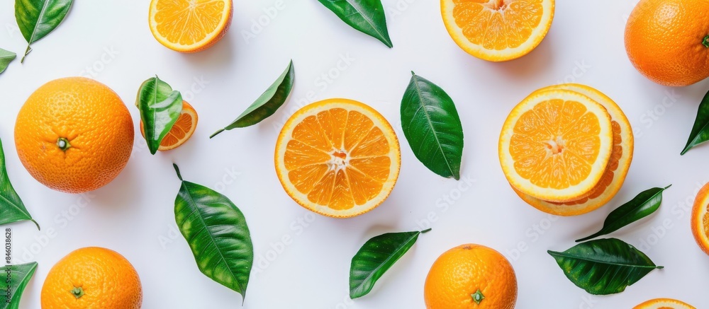 Orange fruits with leaves on a white background Orange fruits with leaves on a white background