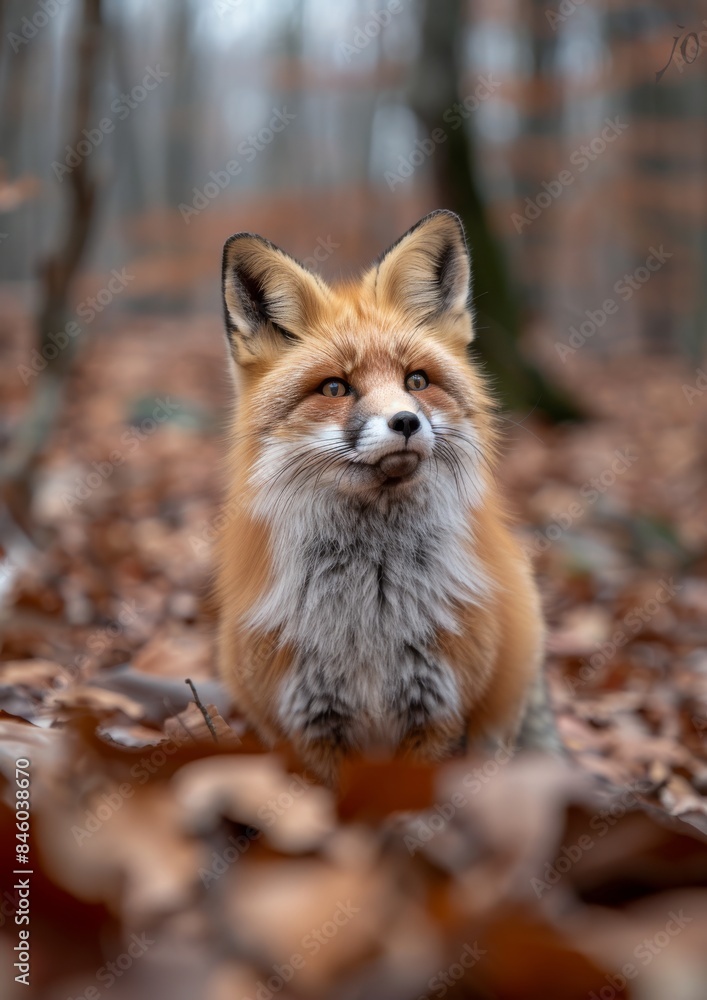 Fototapeta premium Majestic Red Fox in Autumn Forest: Capturing the Elegance of Wildlife with the Beauty of Foliage in a Serene Woodland Setting