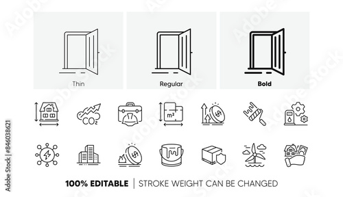 Delivery insurance, Paint roller and Excise duty line icons. Pack of Paint, Buildings, Power icon. House dimension, Floor plan, Gas price pictogram. Windmill, Construction toolbox, Open door. Vector