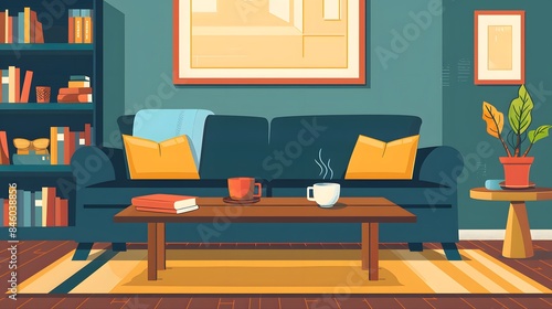 A vector depicting interior design furniture and decor, including a wooden coffee table with a cup of coffee or hot tea and a book, styled for a living room or bedroom in a flat style photo