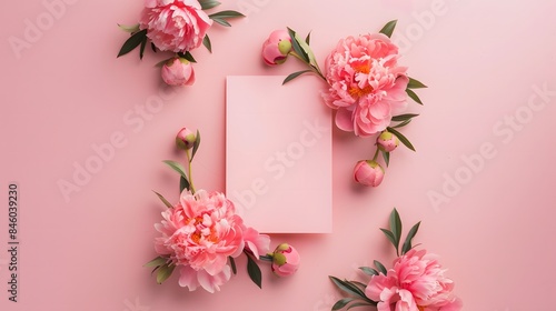 an aesthetic Valentine's Day and Mother's Day mockup template, featuring a wreath made of pink peonies flowers and a blank square paper sheet on a pink background with copy space.