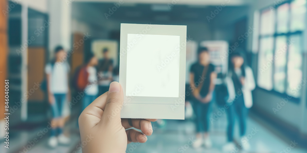 Hand holding instant photo frame. Blurred school background Hand holding instant photo frame. Blurred school background