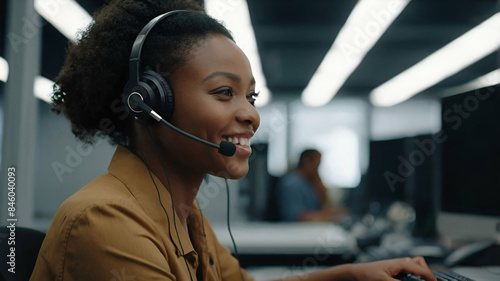 A photo of black female customer service operator with headset and smiling, with collegues at background.