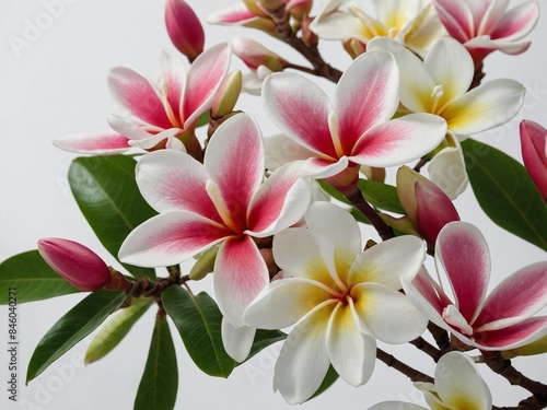 Branch of plumeria flowers captured against plain background. This showcases cluster of vibrant blooms with gradient of white to pink petals, yellow centers, surrounded by green leaves.