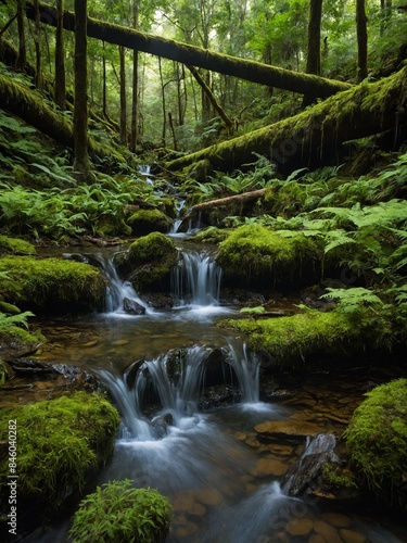 Serene forest scene unfolds with cascading stream flowing over moss-covered rocks, surrounded by lush greenery, trees. Waters gentle journey framed by vibrant ferns.