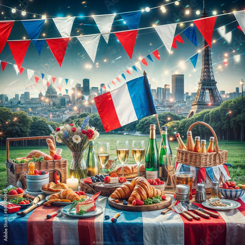  A festive Bastille Day picnic with French flags fluttering in the breeze, digital illustration created with generative ai. photo