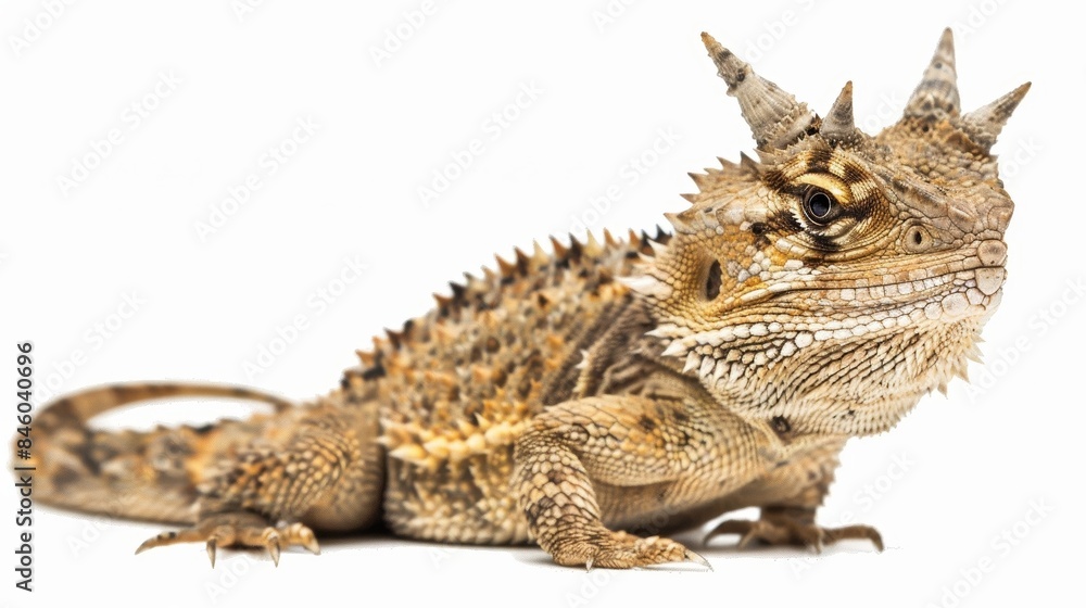 Fototapeta premium Texas horned lizard standing on a white background and looking to the right