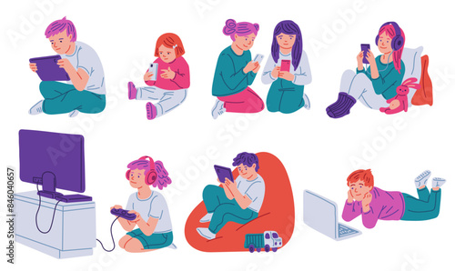 Children with gadgets. Vector illustration set.