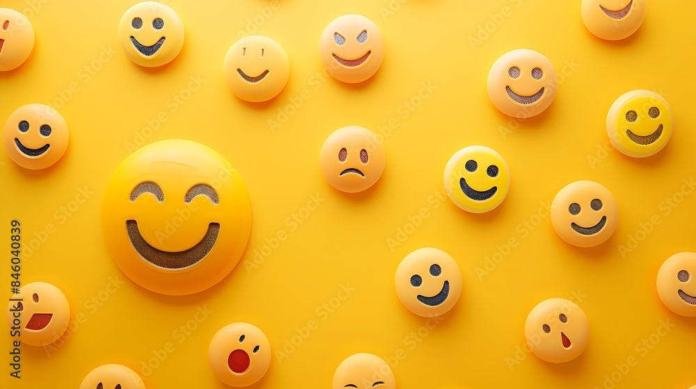 Yellow background with happy face emoji in celebration mood Yellow background with happy face emoji in celebration mood