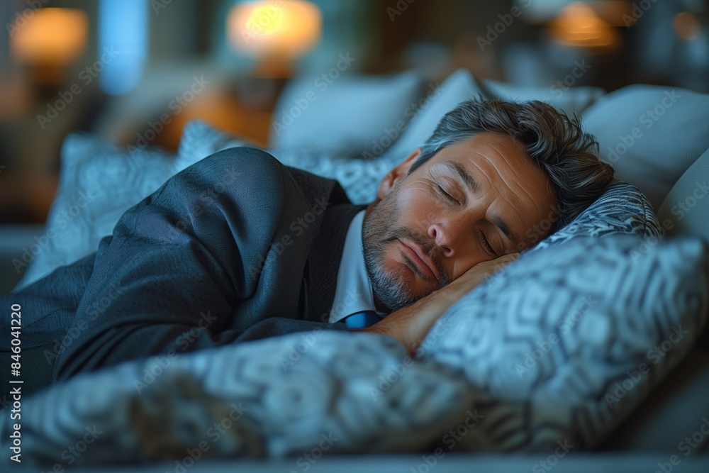 A businessman is sleeping peacefully on a couch in a dimly lit room, wearing a suit and tie A businessman is sleeping peacefully on a couch in a dimly lit room, wearing a suit and tie