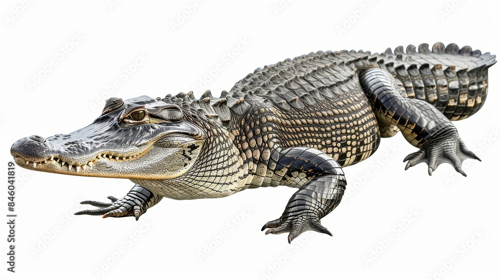 American alligator with its mouth slightly open is strolling against a white backdrop American alligator with its mouth slightly open is strolling against a white backdrop