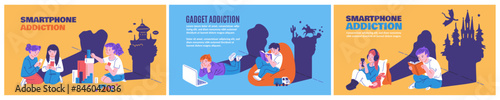 Set of website banner templates about smartphone and gadget addiction