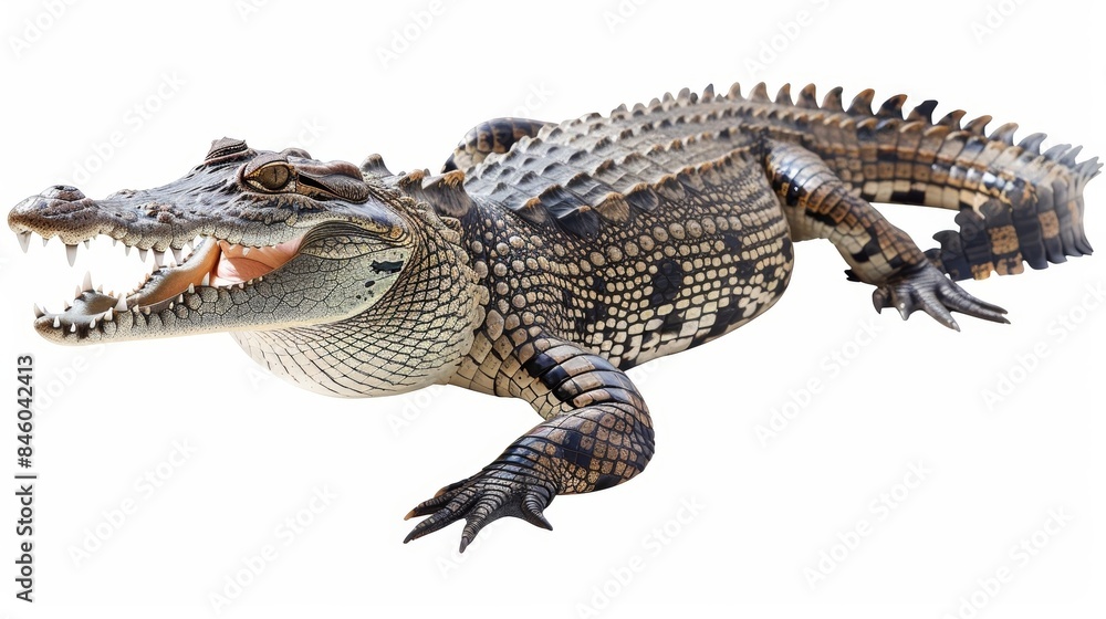 Large aggressive crocodile is resting with its mouth open showing large sharp teeth Large aggressive crocodile is resting with its mouth open showing large sharp teeth