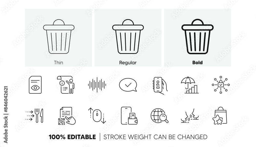 Talk, Trash bin and Qr code line icons. Pack of View document, Approved message, Sound wave icon. Support, Food delivery, Internet search pictogram. Inflation, Scroll down, Phone wallet. Vector Talk, Trash bin and Qr code line icons. Pack of View document, Approved message, Sound wave icon. Support, Food delivery, Internet search pictogram. Inflation, Scroll down, Phone wallet. Vector