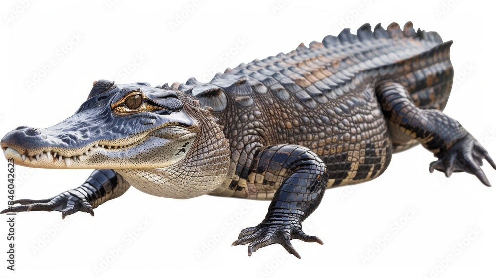 Obraz premium American alligator is walking with its mouth slightly open showing its sharp teeth