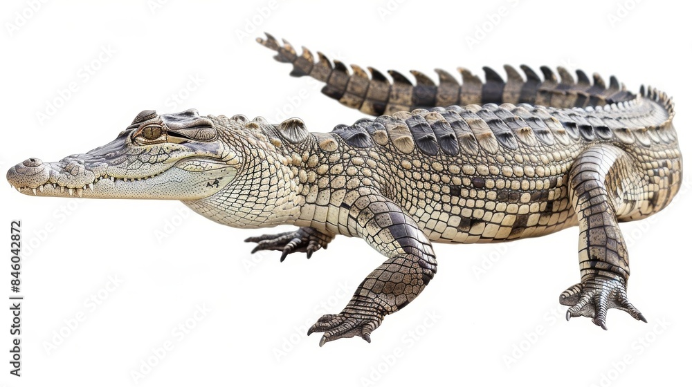 Young crocodile strolls casually on a white backdrop, displaying its sharp teeth and shimmering scales Young crocodile strolls casually on a white backdrop, displaying its sharp teeth and shimmering scales