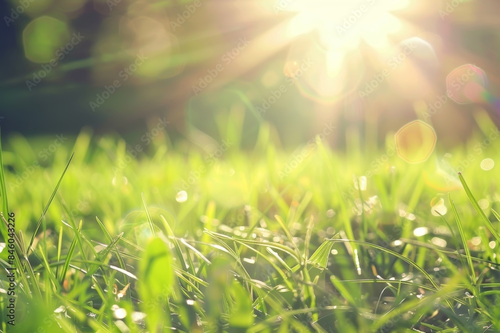 Close-up of fresh, dewy green grass with sunlight streaming through, creating a bokeh effect. The scene is bright and vibrant, epitomizing a perfect summer morning