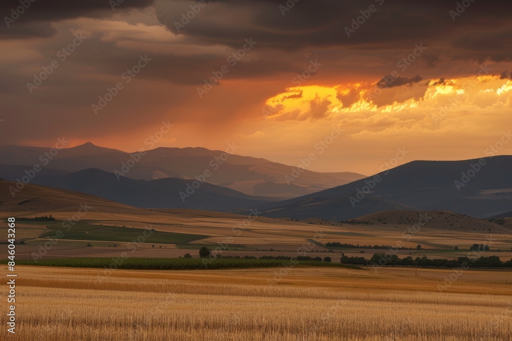 Obraz premium A stunning sunset over rolling hills and fields, with dramatic clouds and rays of sunlight piercing through. The landscape is bathed in golden light