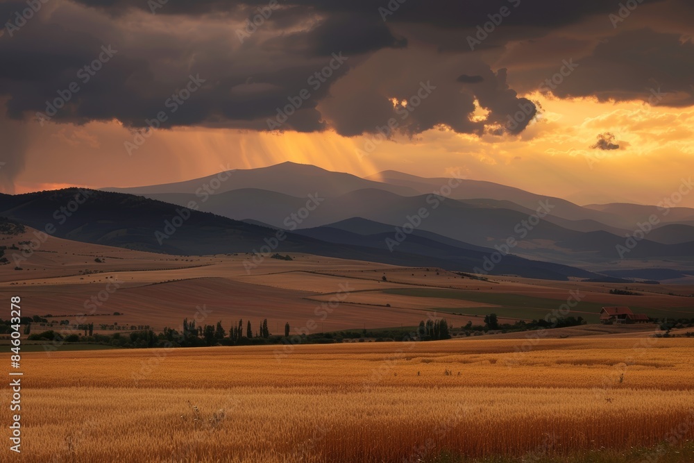 A stunning sunset over rolling hills and fields, with dramatic clouds and rays of sunlight piercing through. The landscape is bathed in golden light