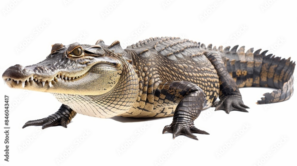 Crocodile standing motionless and gazing to the side, against a white backdrop Crocodile standing motionless and gazing to the side, against a white backdrop