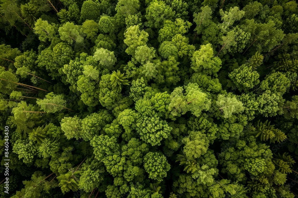 Fototapeta premium Aerial view of a dense forest with various shades of green.