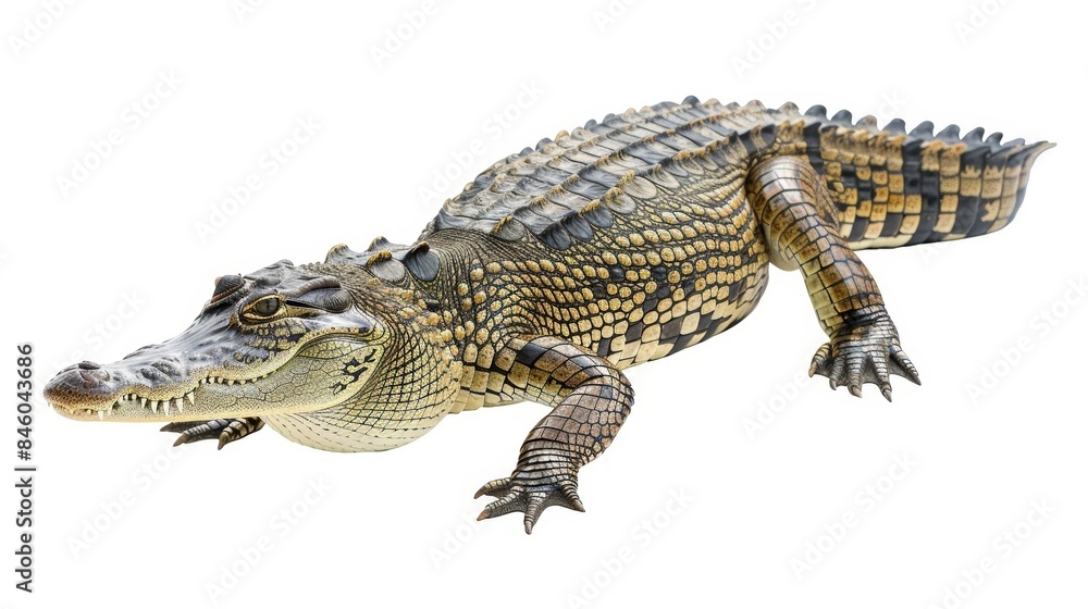 Bold young cuban crocodile parades with its mouth agape on a white backdrop, displaying striking scales, menacing teeth, and formidable claws in vivid shades of green, brown, and yellow Bold young cuban crocodile parades with its mouth agape on a white backdrop, displaying striking scales, menacing teeth, and formidable claws in vivid shades of green, brown, and yellow