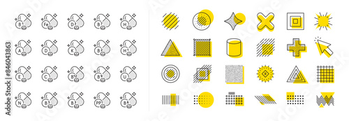 Food supplements capsules, Healthy nutrition and Multivitamin complex set. Design shape elements. Vitamins line icons. Natural B12 vitamins. Biotin, ascorbic acid and niacin line icons. Vector