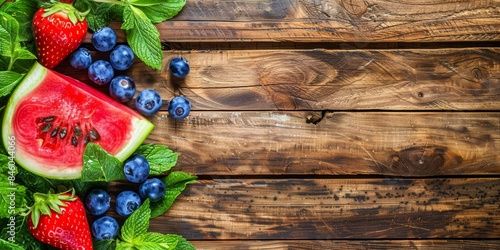 Fototapeta Naklejka Na Ścianę i Meble -  Summer background with fresh fruits and berries