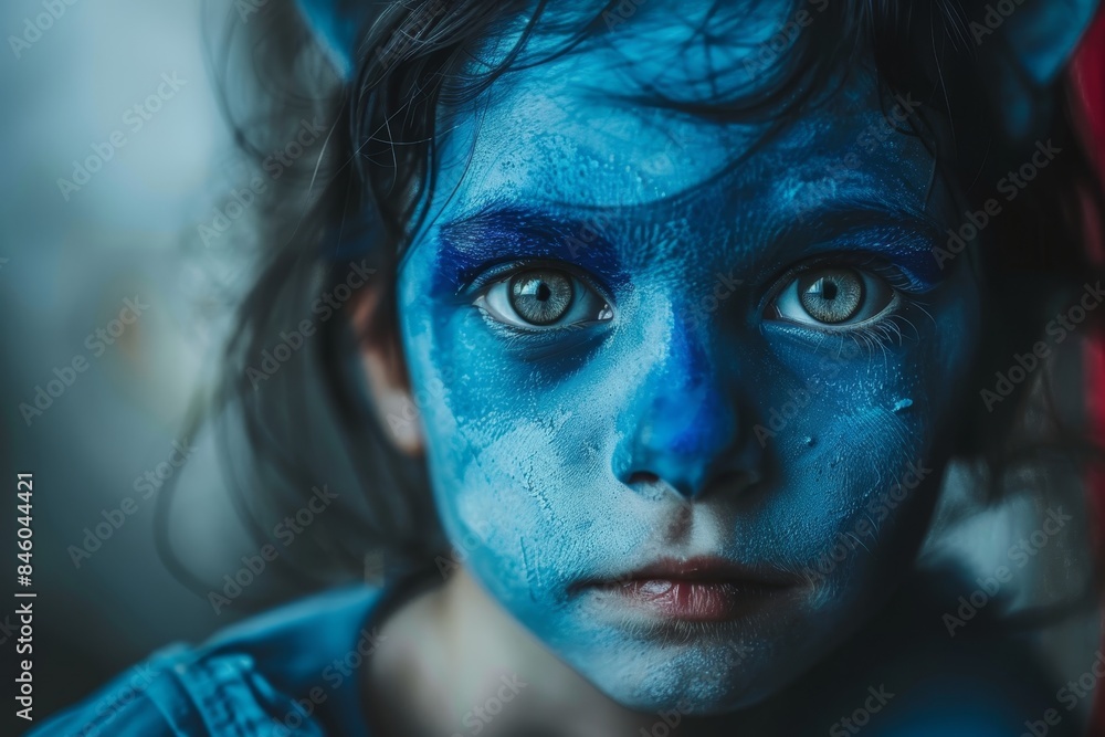 Child adorned with vibrant animal face paint for imaginative and playful transformation Child adorned with vibrant animal face paint for imaginative and playful transformation