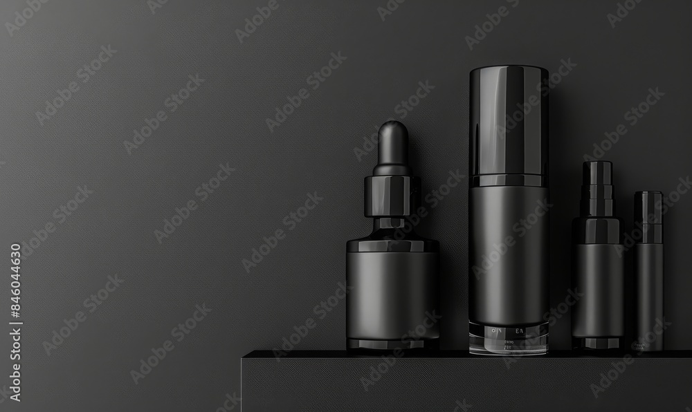Lineup of black cosmetic beauty products. 3D Rendering Lineup of black cosmetic beauty products. 3D Rendering