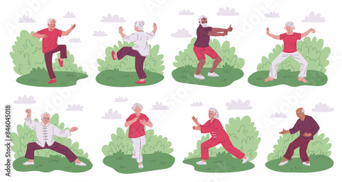 Elderly Tai Chi practice in park vector set
