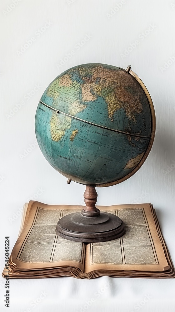 Elegant Columbus Day celebration, featuring a globe and vintage map, minimalistic style, isolated on a white background. The bright design highlights exploration and historical heritage.
