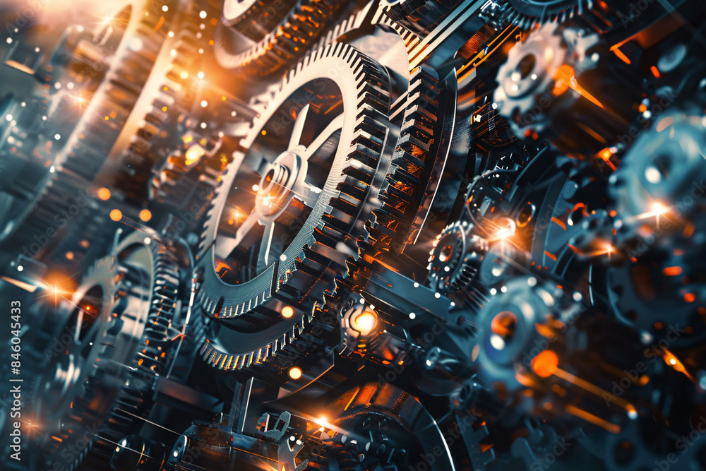 complex gear mechanism with multiple interlocking gears and glowing light accents creating a high-tech look complex gear mechanism with multiple interlocking gears and glowing light accents creating a high-tech look